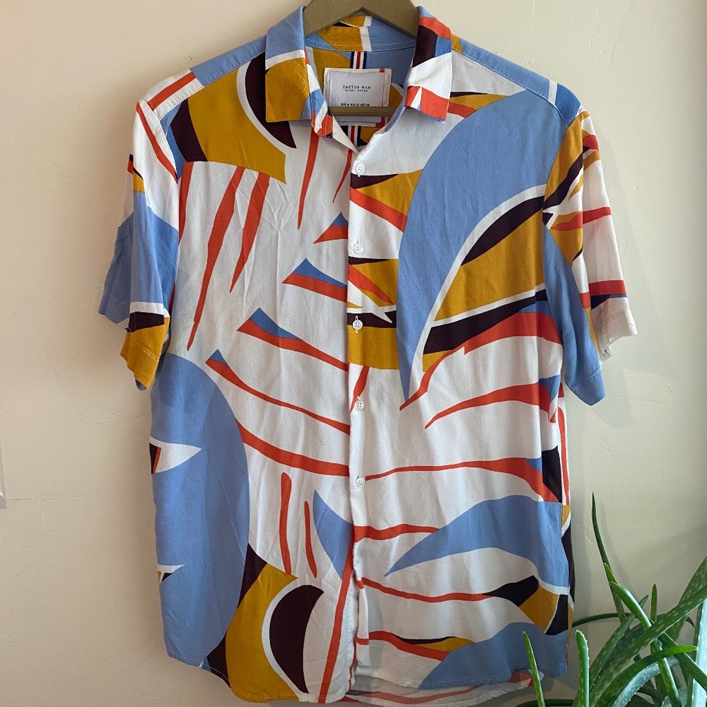 Funky Retro Blue, Yellow & Orange Patterned Button-Up Shirt